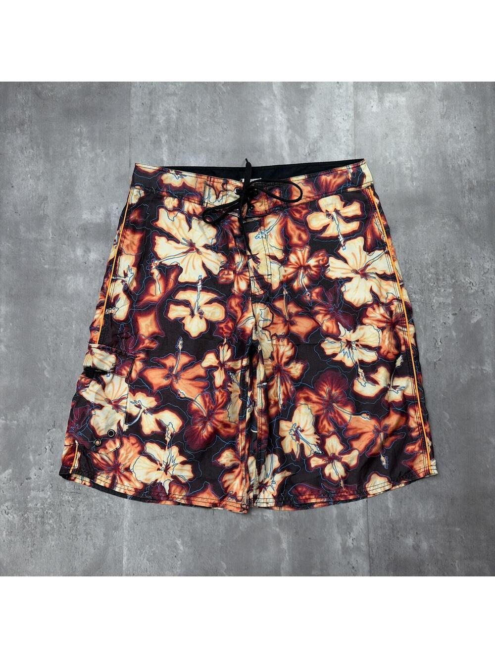 Y2K Orange Sideout Surf Grunge Baggy Floral Board Shorts